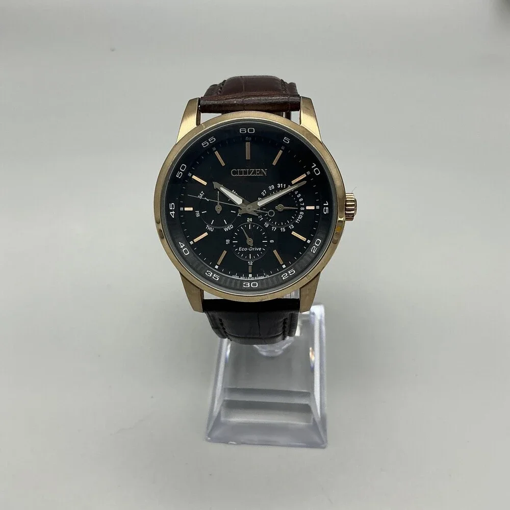 Citizen Eco-Drive Mens Watch 44mm Black Dial Brown Leather 8729-S093040 Day Date